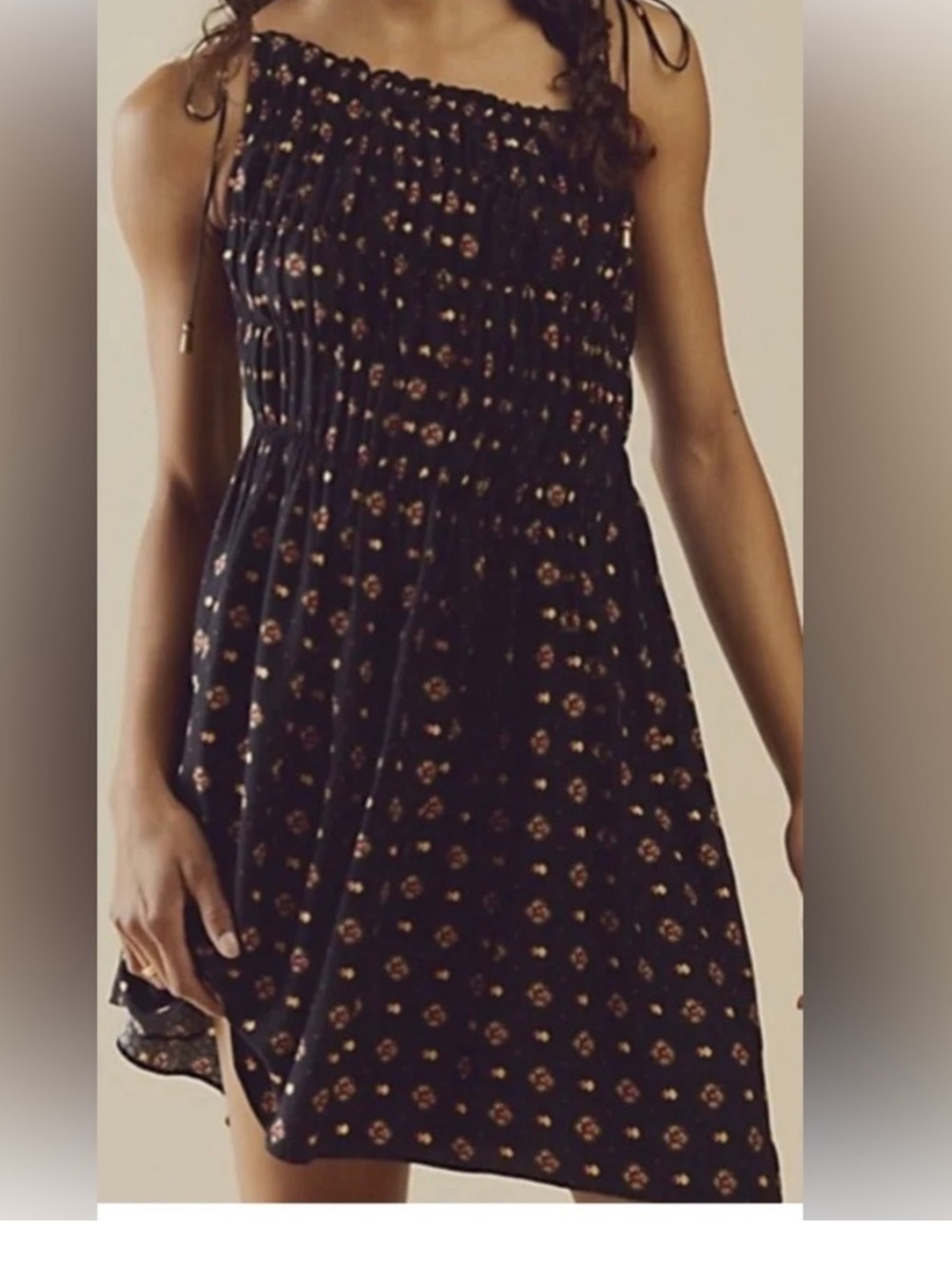 Free People Clementina Smocked Mini Dress Black Combo NWOT Size XS